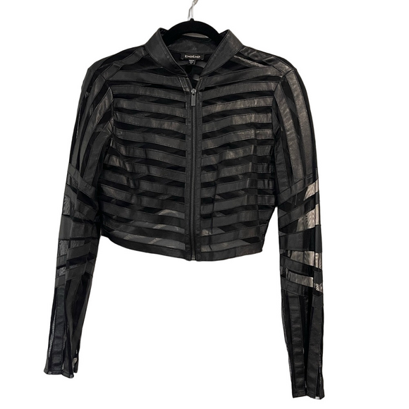 Bebe Black Sheer mesh leather crop motto Jacket Medium - Picture 1 of 7